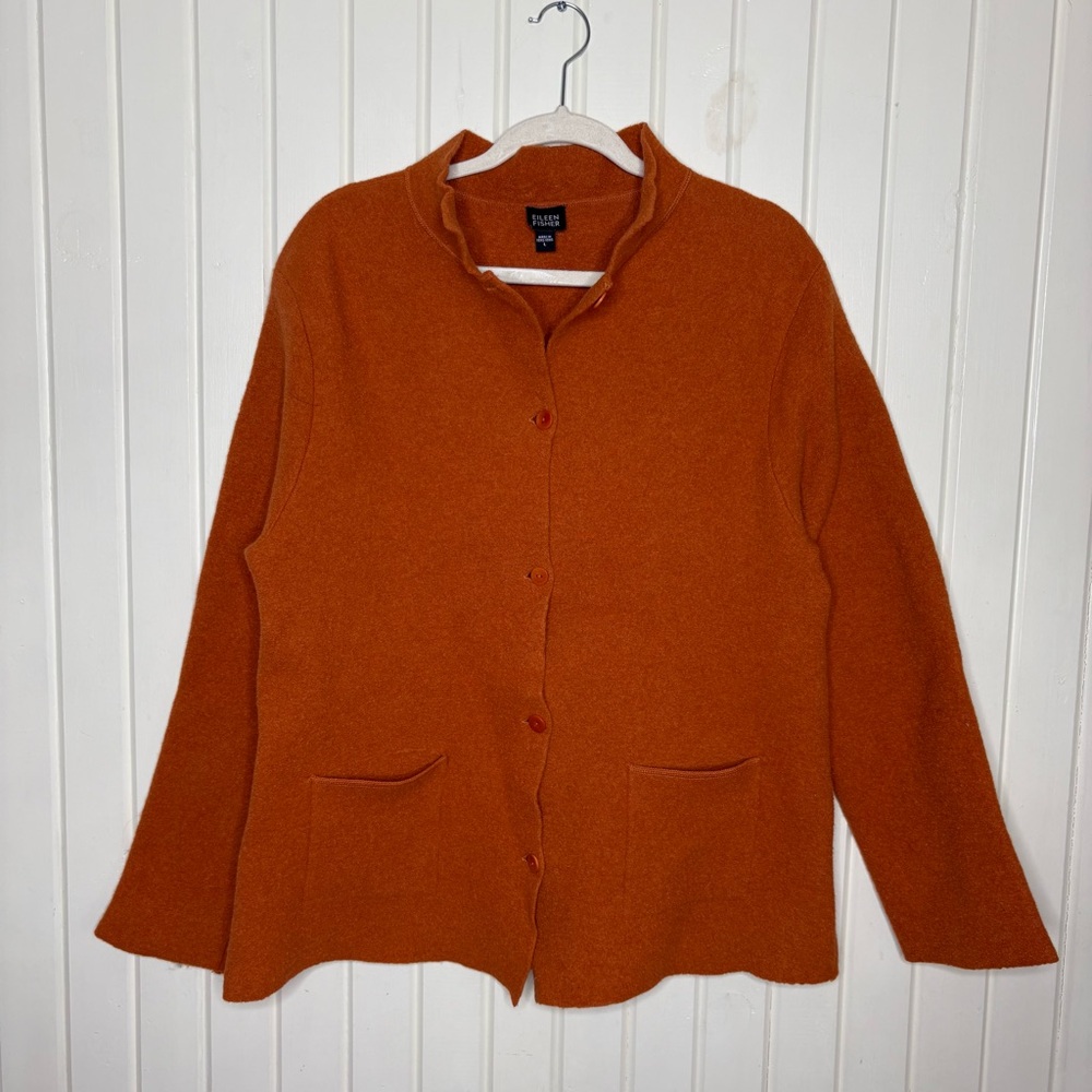 Eileen Fisher Boiled Wool Felted Jacket Button Up Orange Coat size Large